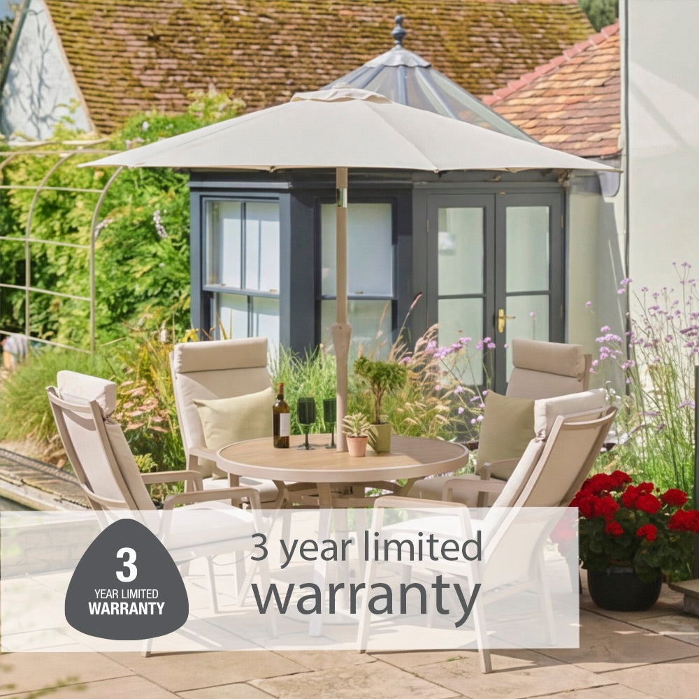 Sorrento 4 Seat Dining Set with Recliner Chairs and Deluxe 2.5m Parasol
