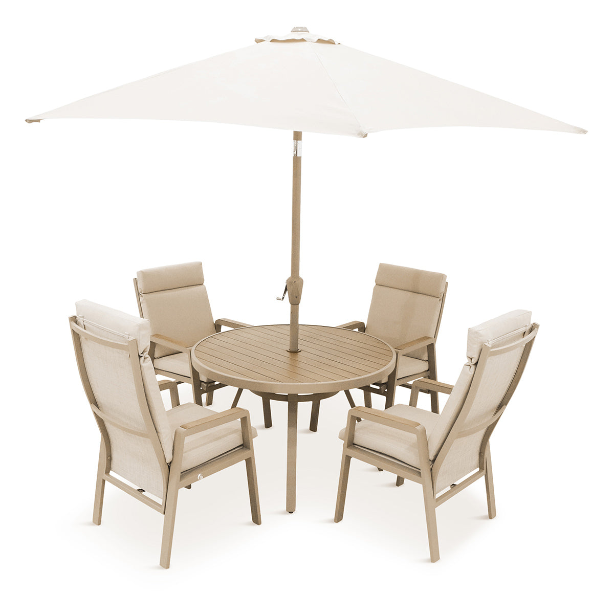 Sorrento 4 Seat Dining Set with Recliner Chairs and Deluxe 2.5m Parasol