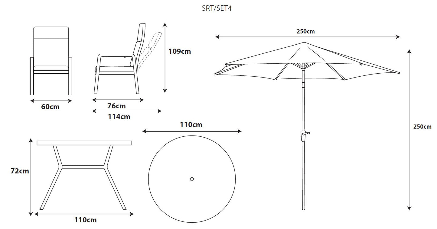 Sorrento 4 Seat Dining Set with Recliner Chairs and Deluxe 2.5m Parasol