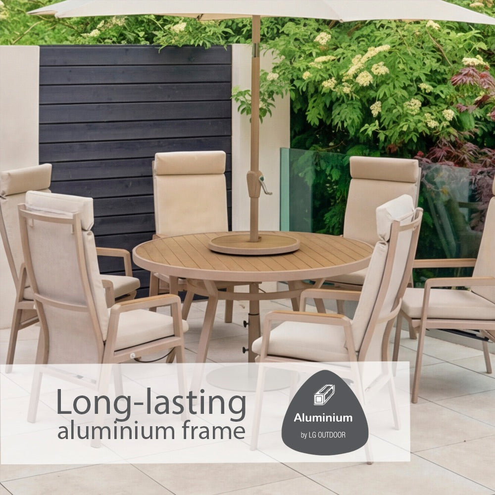 Sorrento 6 Seat Dining Set with Lazy Susan, Recliner Chairs and Deluxe 3.0m Parasol