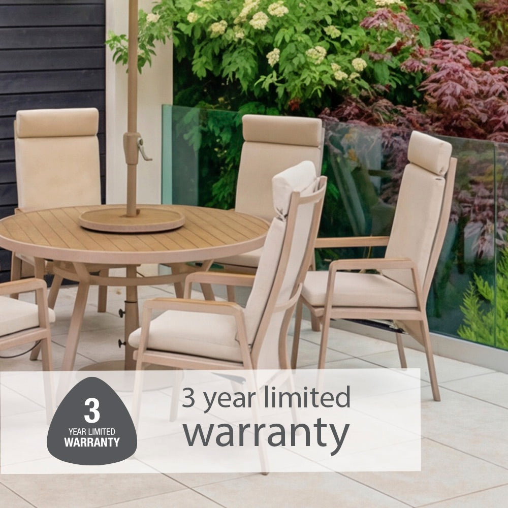 Sorrento 6 Seat Dining Set with Lazy Susan, Recliner Chairs and Deluxe 3.0m Parasol