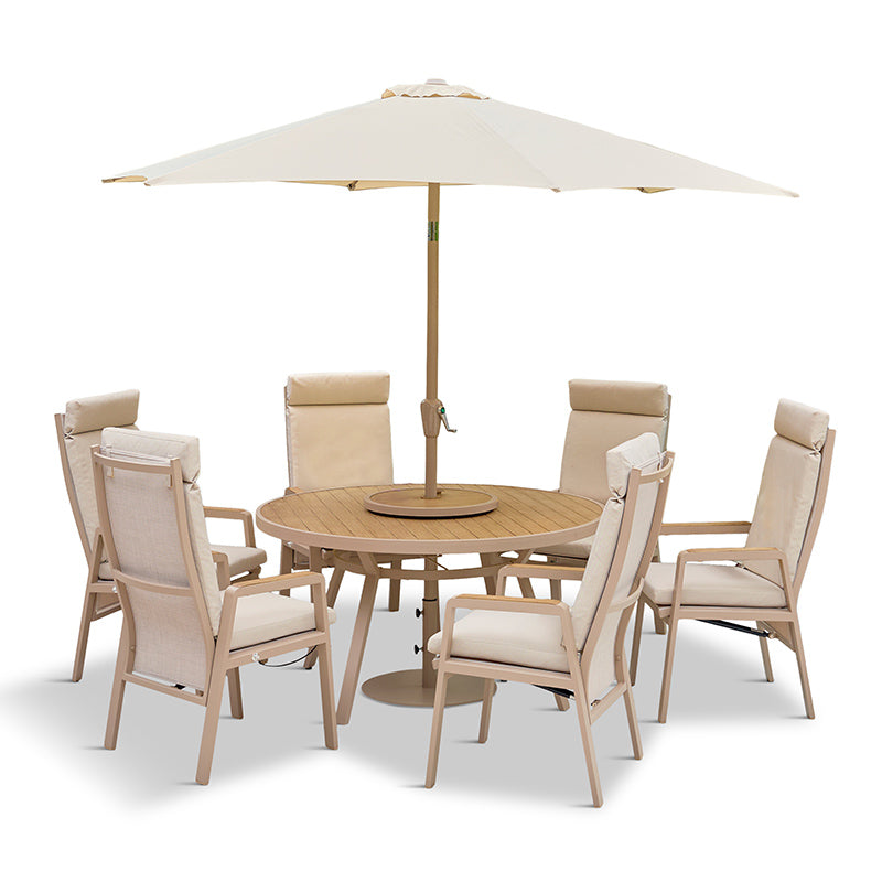 Sorrento 6 Seat Dining Set with Lazy Susan, Recliner Chairs and Deluxe 3.0m Parasol