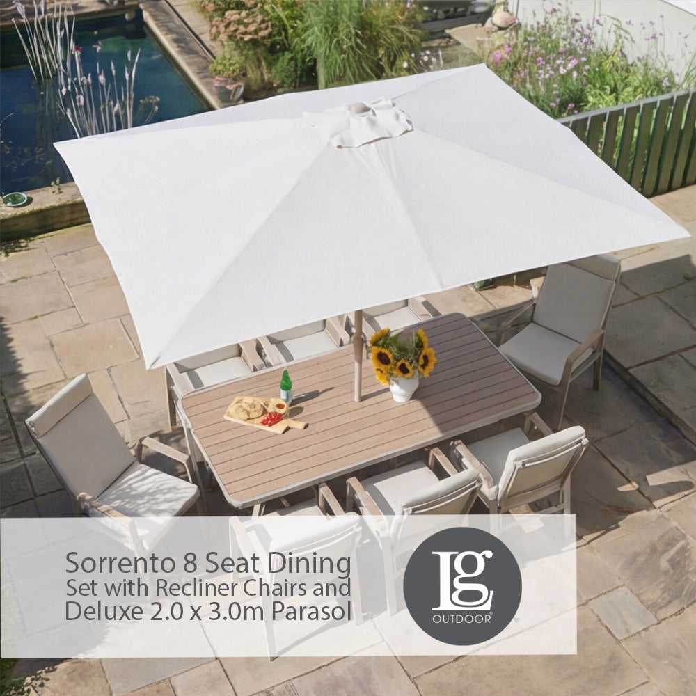 Sorrento 8 Seat Dining Set with Recliner Chairs and Deluxe 2.0 x 3.0m Parasol