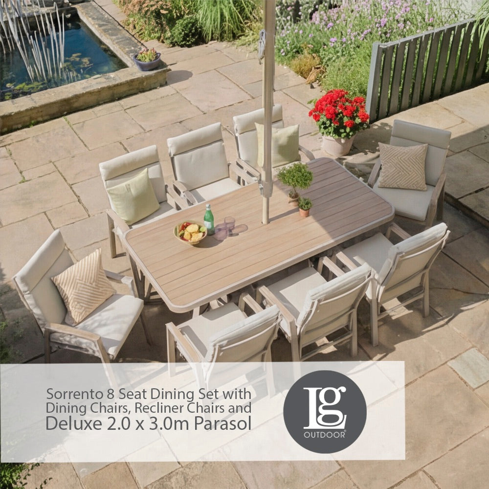 Sorrento 8 Seat Dining Set with Dining Chairs, Recliner Chairs and Deluxe 2.0 x 3.0m Parasol