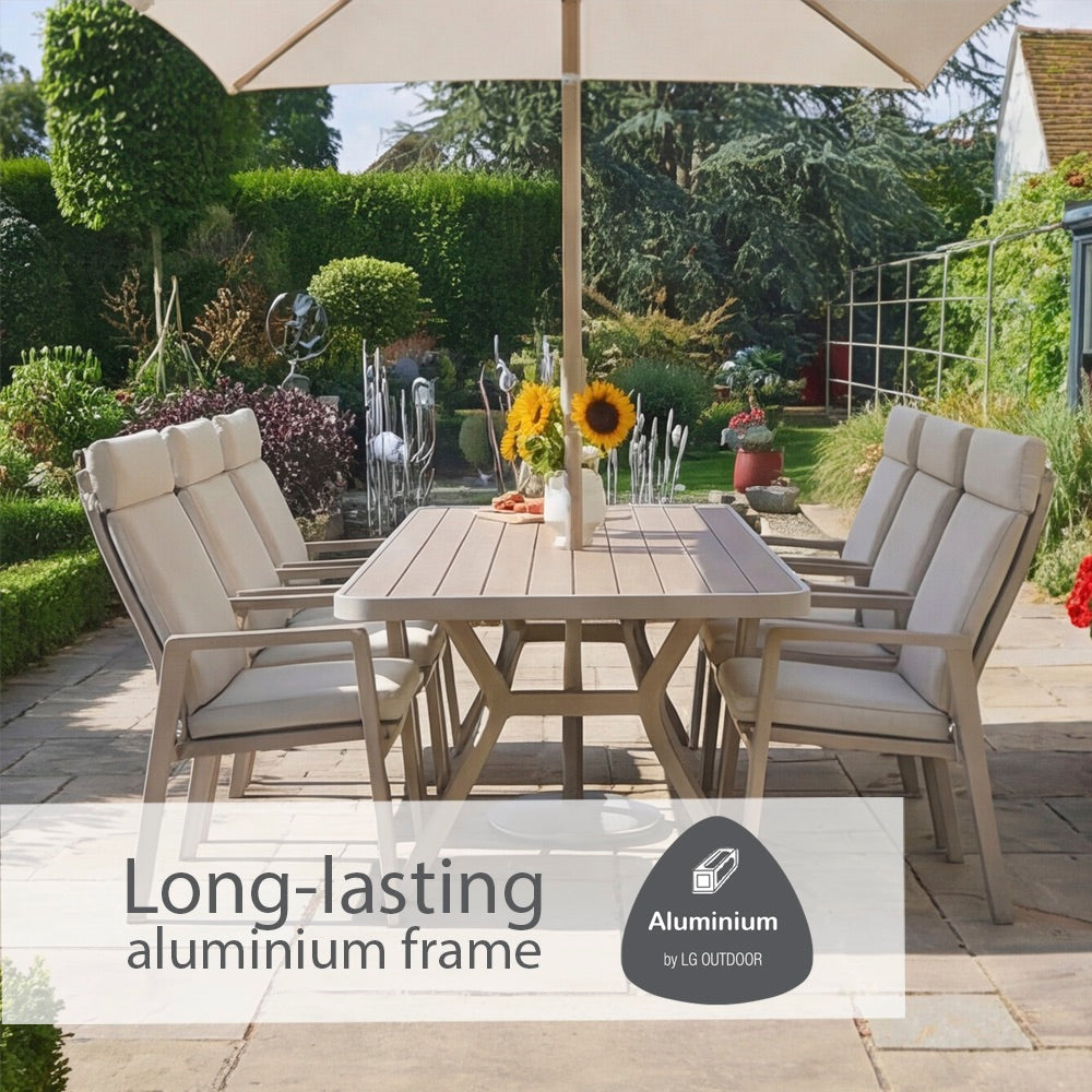 Sorrento 8 Seat Dining Set with Recliner Chairs and Deluxe 2.0 x 3.0m Parasol