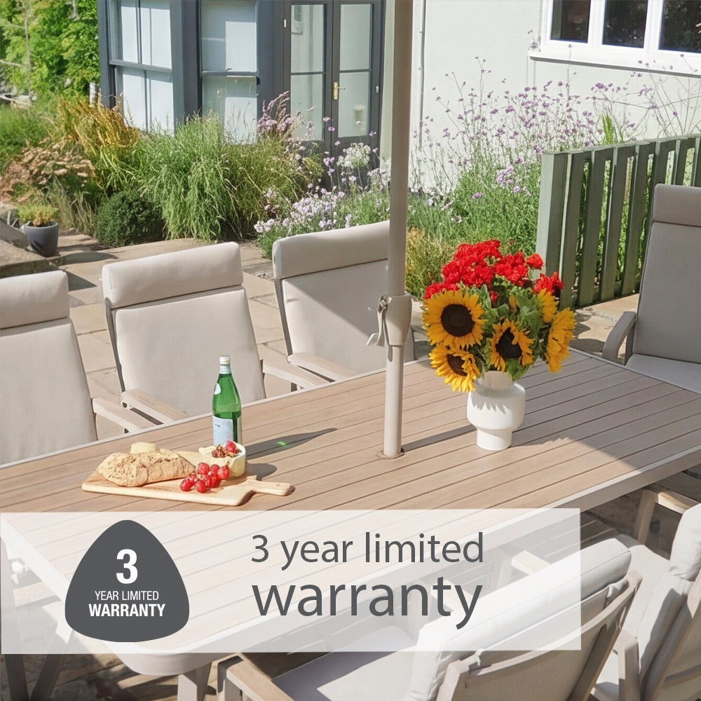 Sorrento 8 Seat Dining Set with Dining Chairs, Recliner Chairs and Deluxe 2.0 x 3.0m Parasol