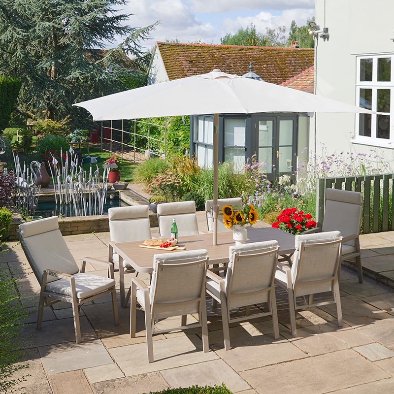 Sorrento 8 Seat Dining Set with Dining Chairs, Recliner Chairs and Deluxe 2.0 x 3.0m Parasol