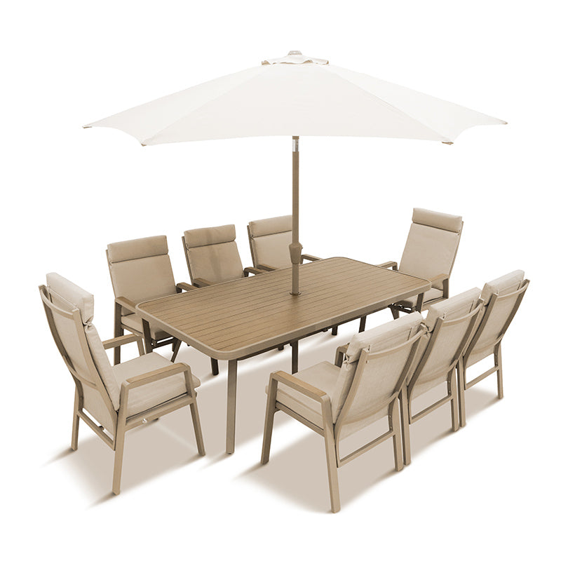 Sorrento 8 Seat Dining Set with Dining Chairs, Recliner Chairs and Deluxe 2.0 x 3.0m Parasol