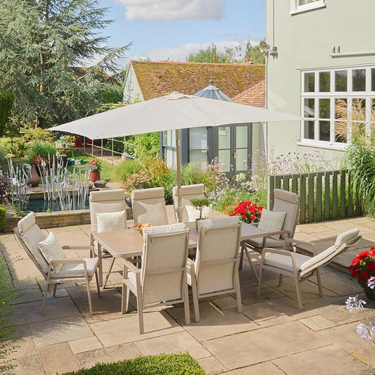 Sorrento 8 Seat Dining Set with Recliner Chairs and Deluxe 2.0 x 3.0m Parasol