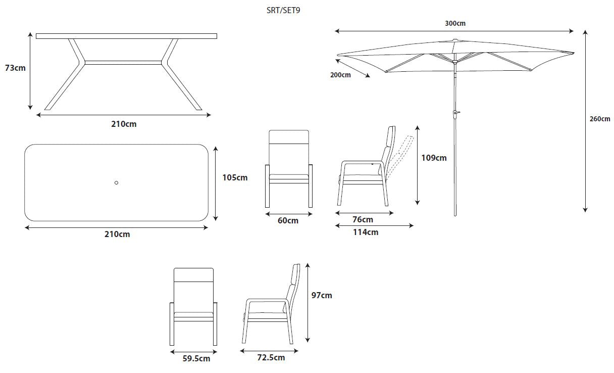 Sorrento 8 Seat Dining Set with Dining Chairs, Recliner Chairs and Deluxe 2.0 x 3.0m Parasol