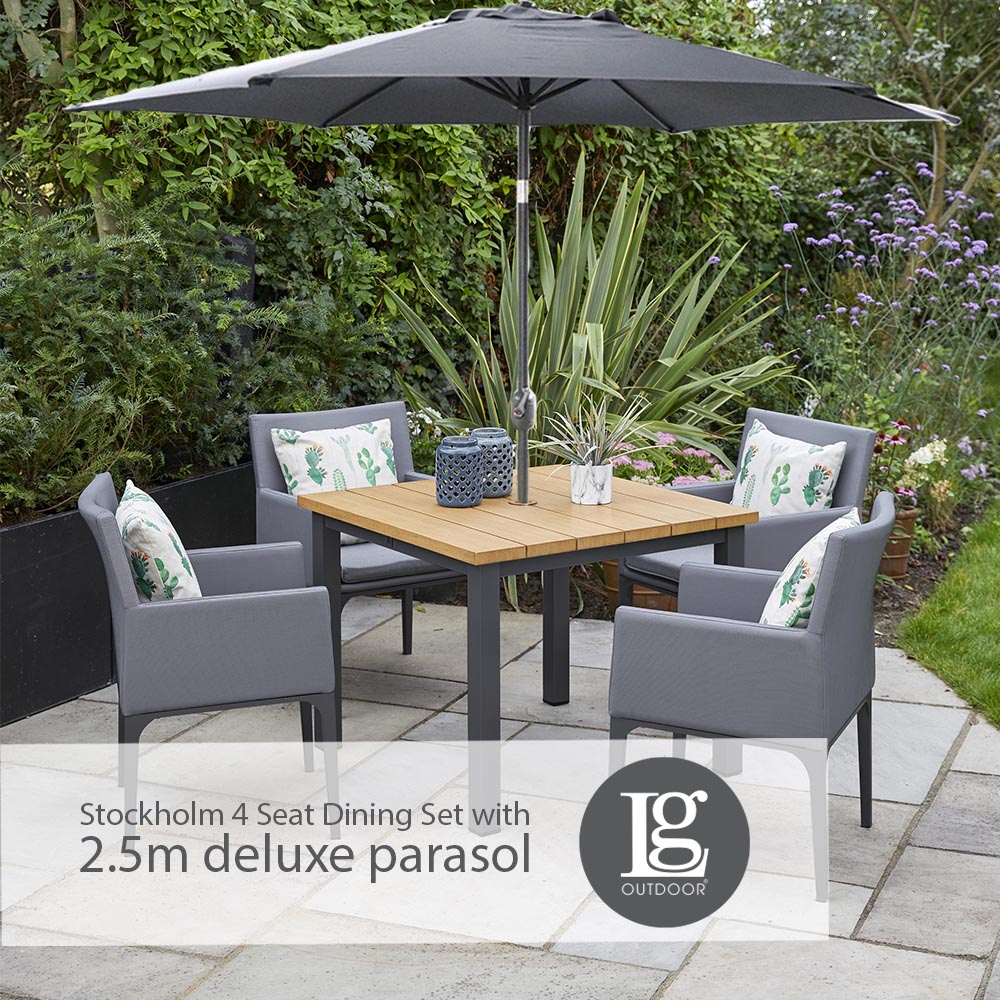 Stockholm 4 Seat Dining Set With Armchair And Deluxe 2.5m Parasol