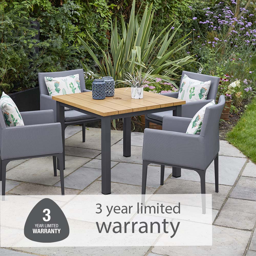 Stockholm 4 Seat Dining Set With Armchair And Deluxe 2.5m Parasol