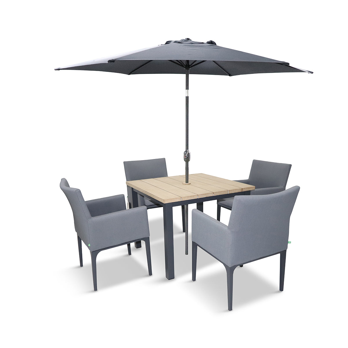 Stockholm 4 Seat Dining Set With Armchair And Deluxe 2.5m Parasol
