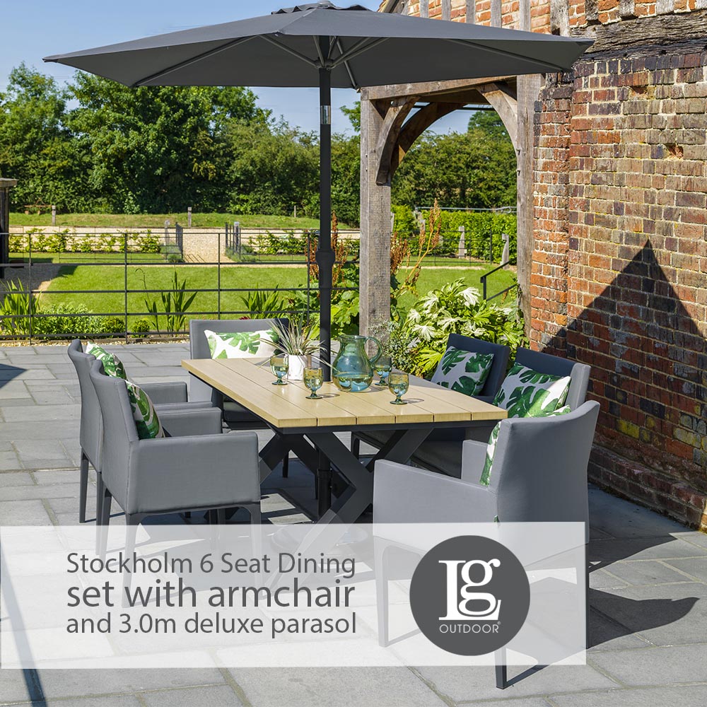 Stockholm 6 Seat Dining Set With Armchair And Deluxe 3.0m Parasol