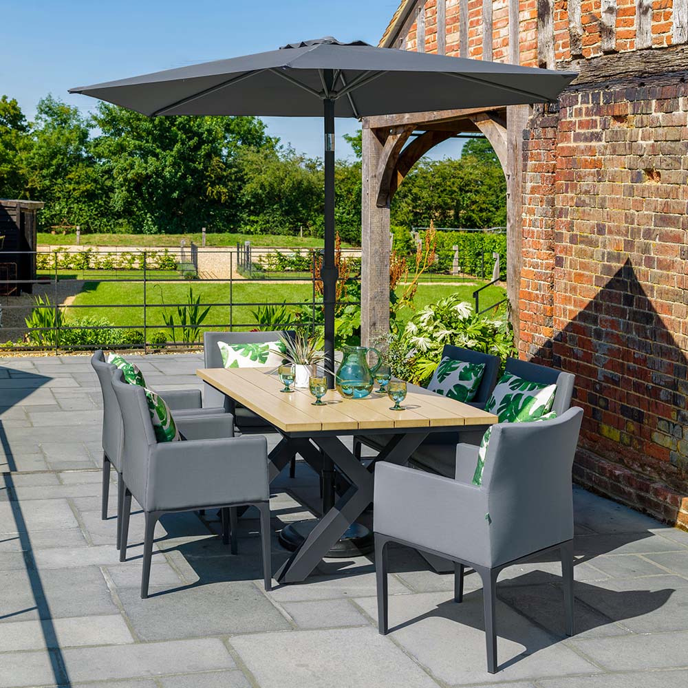 Stockholm 6 Seat Dining Set With Armchair And Deluxe 3.0m Parasol