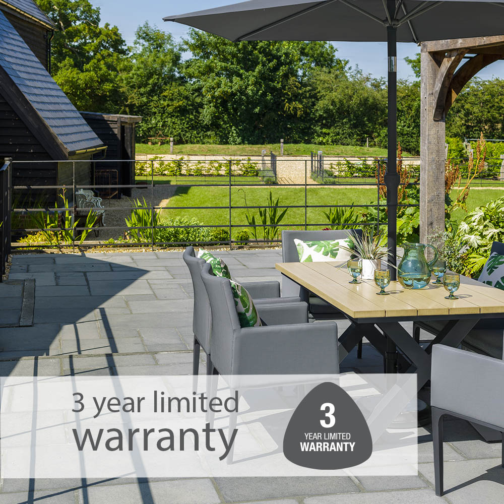 Stockholm 6 Seat Dining Set With Armchair And Deluxe 3.0m Parasol