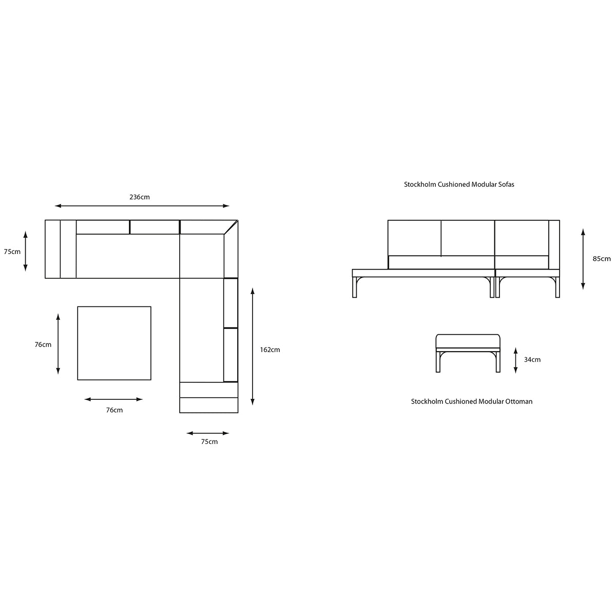 Stockholm Open-Sided Modular Lounge Set With Ottoman