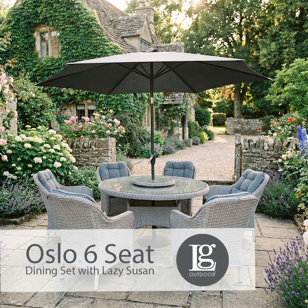 Oslo 6 Seat Dining Set with Weave Lazy Susan and Deluxe 3.0m Parasol