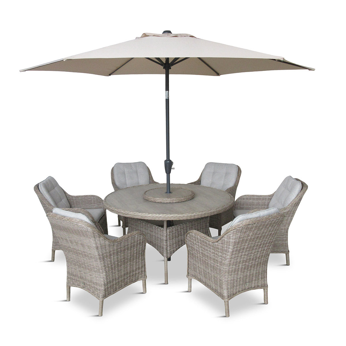 St Tropez Sand 6 Seat Dining Set with Weave Lazy Susan and Deluxe 3.0m Parasol