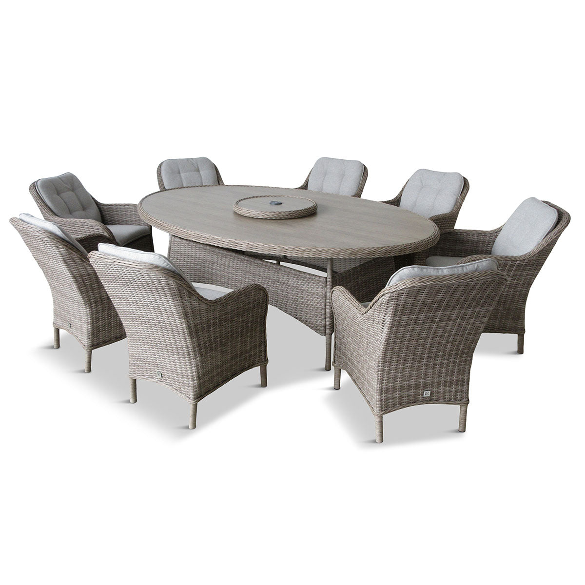 St Tropez Sand 8 Seat Dining Set with Weave Lazy Susan and Deluxe 2.0 x 3.0m Parasol