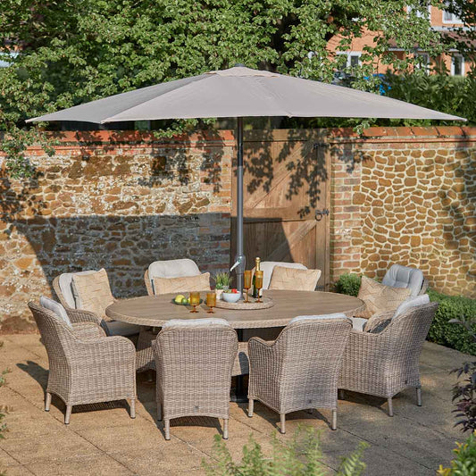 St Tropez Sand 8 Seat Dining Set with Weave Lazy Susan and Deluxe 2.0 x 3.0m Parasol