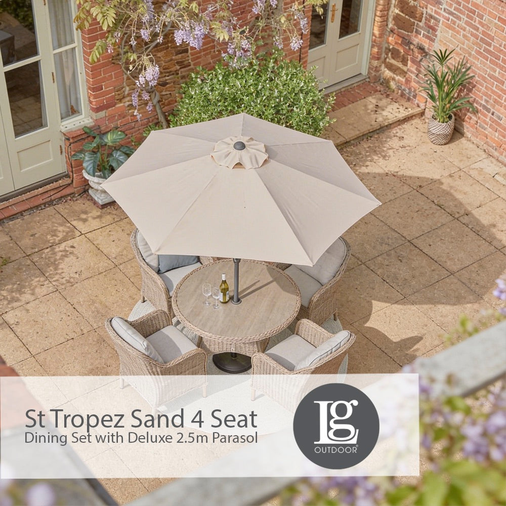St Tropez Sand 4 Seat Dining Set with Deluxe 2.5m Parasol