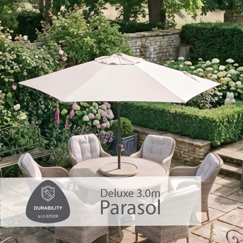 St Tropez Sand 6 Seat Dining Set with Weave Lazy Susan and Deluxe 3.0m Parasol