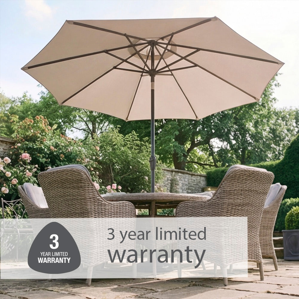 St Tropez Sand 6 Seat Dining Set with Weave Lazy Susan and Deluxe 3.0m Parasol