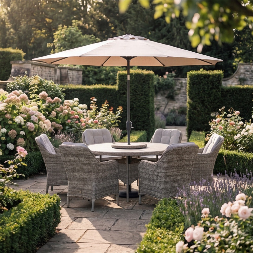 St Tropez Sand 6 Seat Dining Set with Weave Lazy Susan and Deluxe 3.0m Parasol