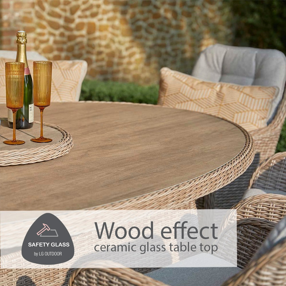 St Tropez Sand 8 Seat Dining Set with Weave Lazy Susan and Deluxe 2.0 x 3.0m Parasol