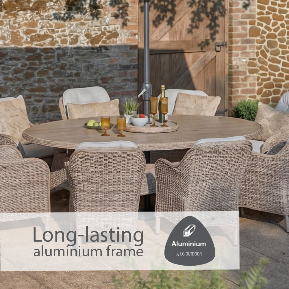 St Tropez Sand 8 Seat Dining Set with Weave Lazy Susan and Deluxe 2.0 x 3.0m Parasol