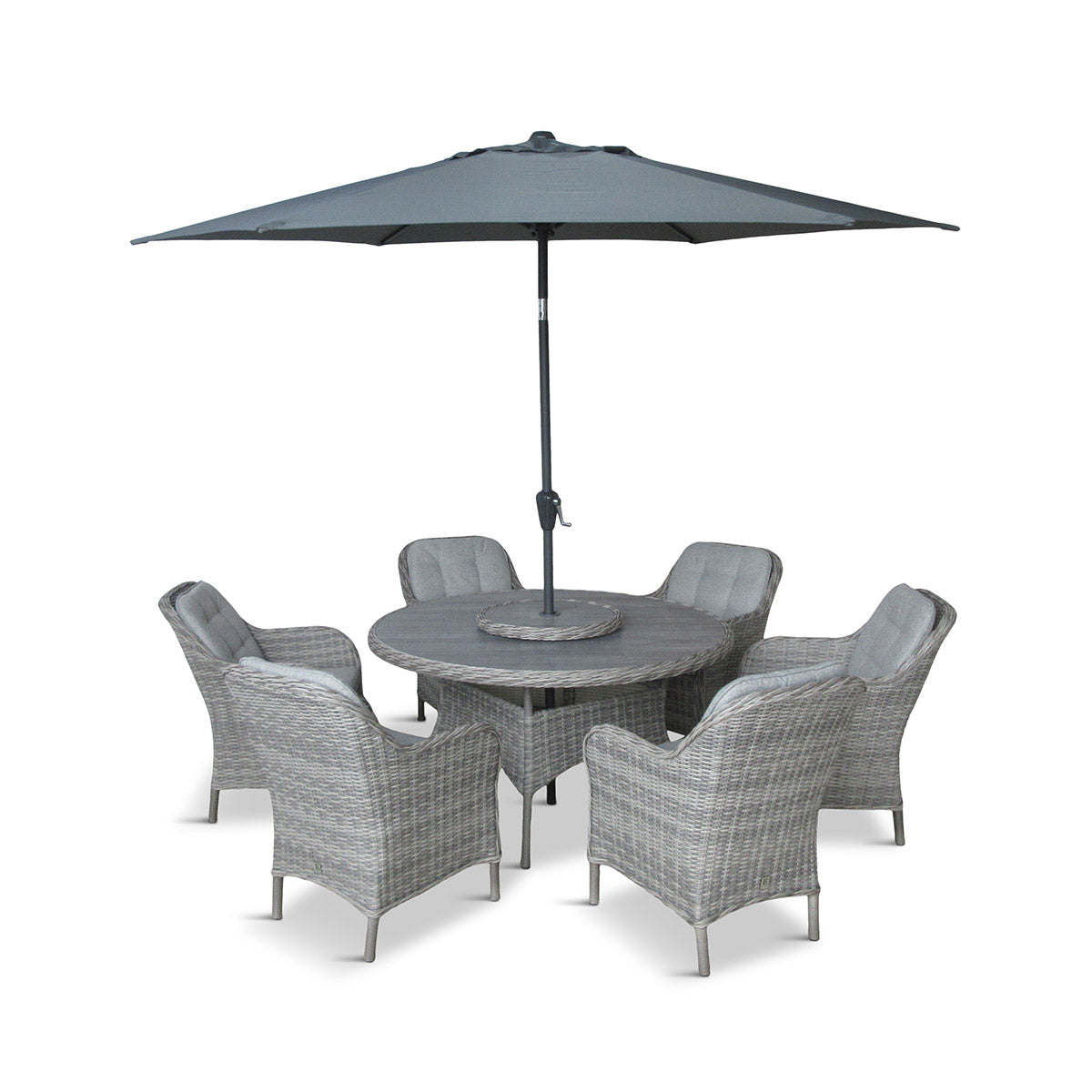 St Tropez Stone 6 Seat Dining Set with Weave Lazy Susan and Deluxe 3.0m Parasol