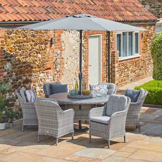 St Tropez Stone 6 Seat Dining Set with Weave Lazy Susan and Deluxe 3.0m Parasol