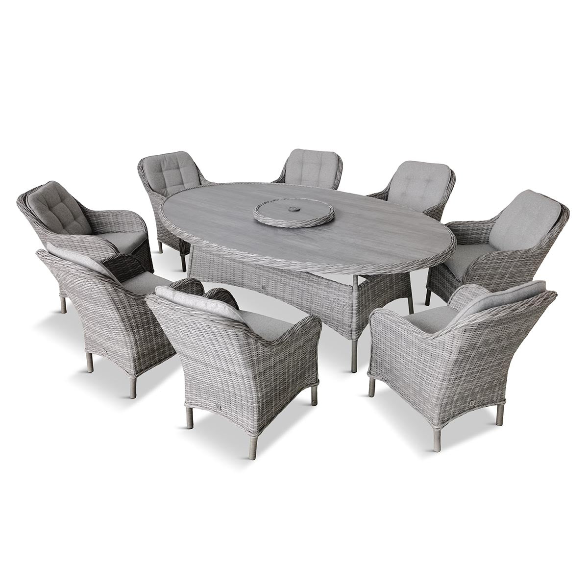St Tropez Stone 8 Seat Dining Set with Weave Lazy Susan and Deluxe 2.0 x 3.0m Parasol
