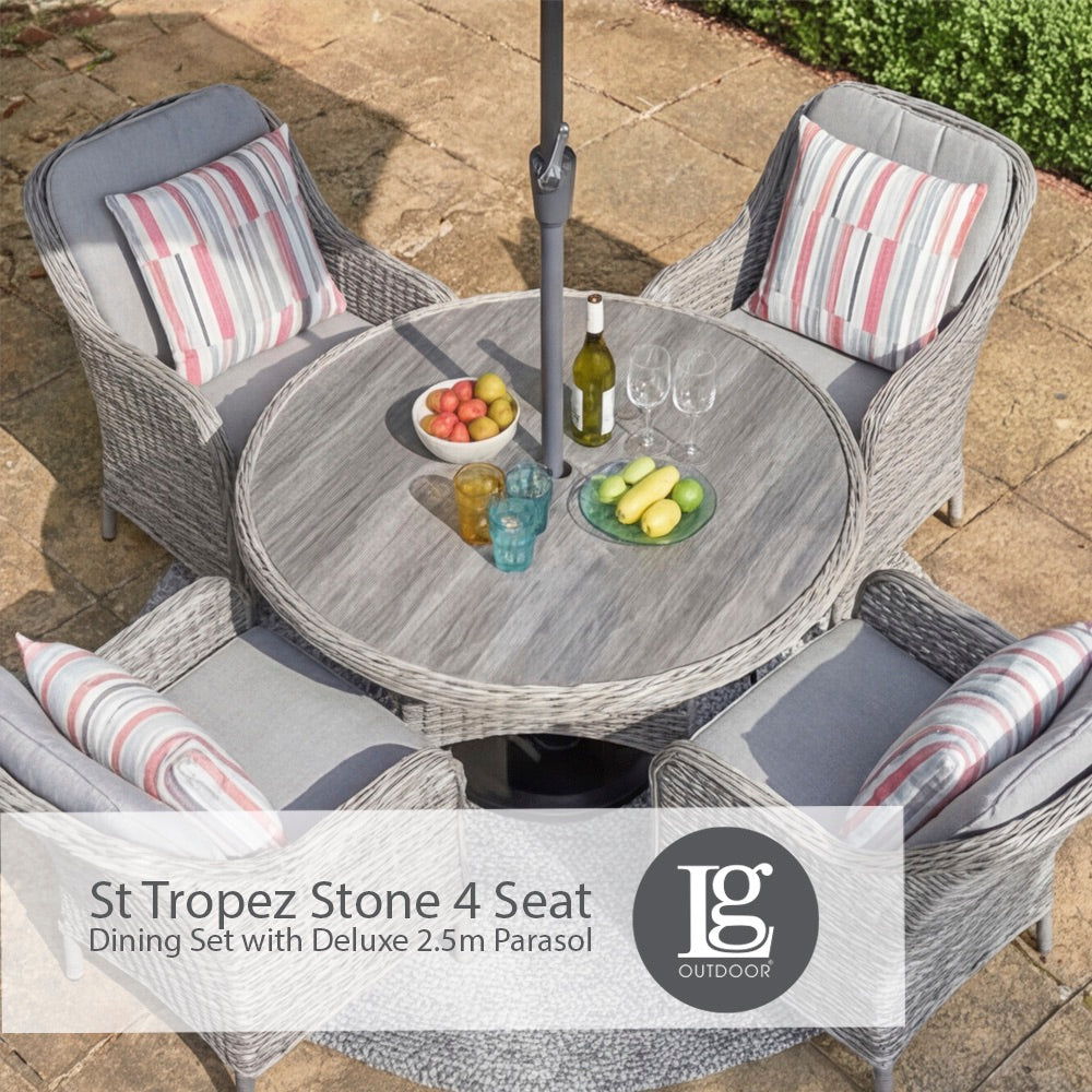 St Tropez Stone 4 Seat Dining Set with Deluxe 2.5m Parasol