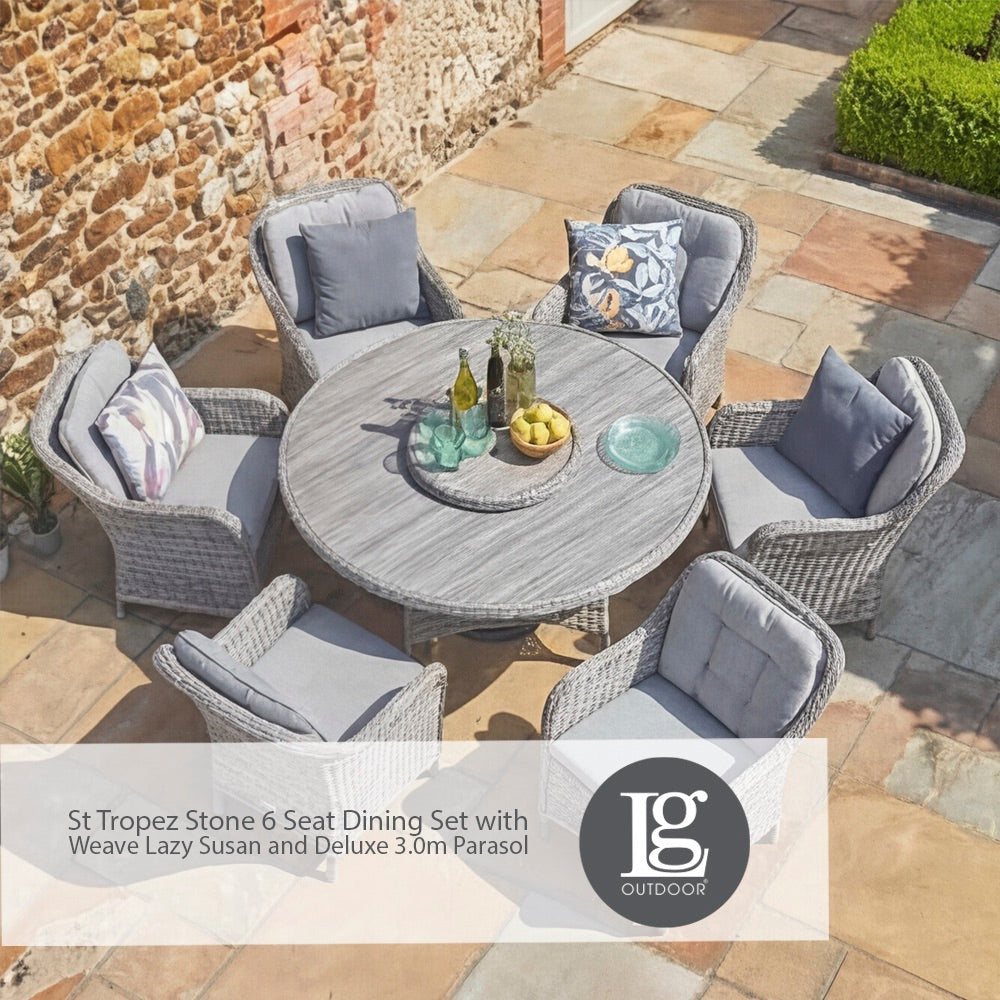 St Tropez Stone 6 Seat Dining Set with Weave Lazy Susan and Deluxe 3.0m Parasol