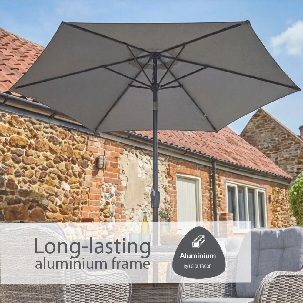 St Tropez Stone 6 Seat Dining Set with Weave Lazy Susan and Deluxe 3.0m Parasol