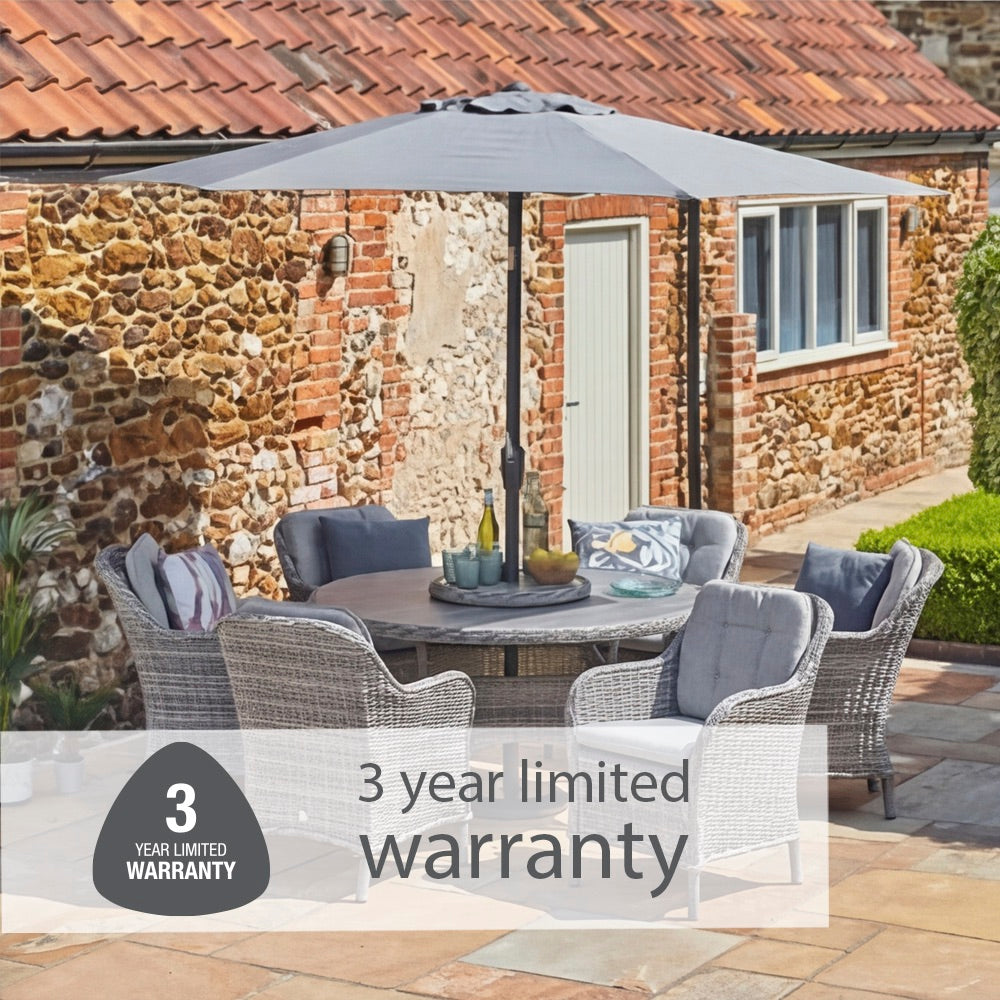 St Tropez Stone 6 Seat Dining Set with Weave Lazy Susan and Deluxe 3.0m Parasol