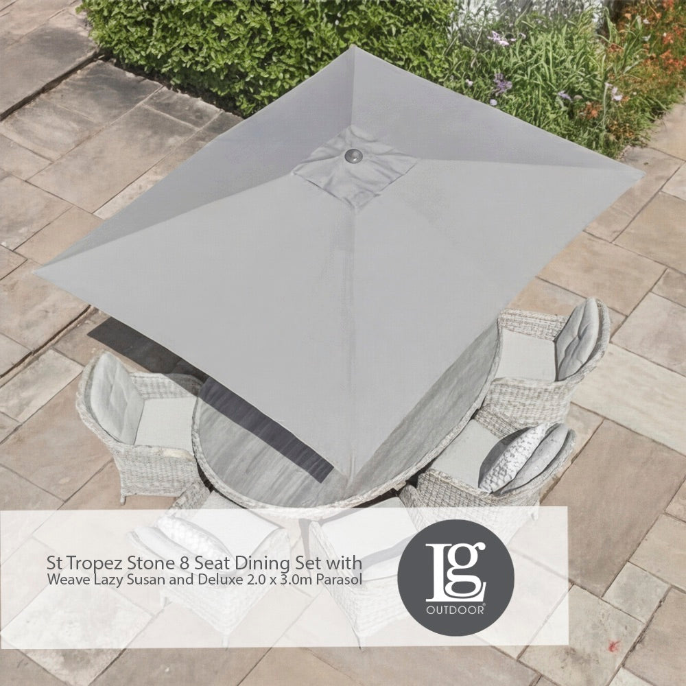 St Tropez Stone 8 Seat Dining Set with Weave Lazy Susan and Deluxe 2.0 x 3.0m Parasol
