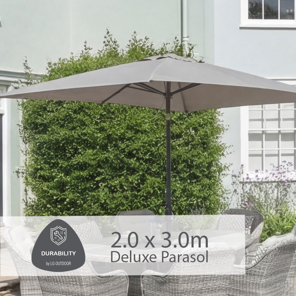 St Tropez Stone 8 Seat Dining Set with Weave Lazy Susan and Deluxe 2.0 x 3.0m Parasol