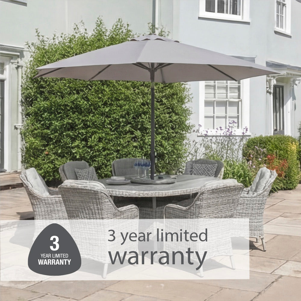St Tropez Stone 8 Seat Dining Set with Weave Lazy Susan and Deluxe 2.0 x 3.0m Parasol