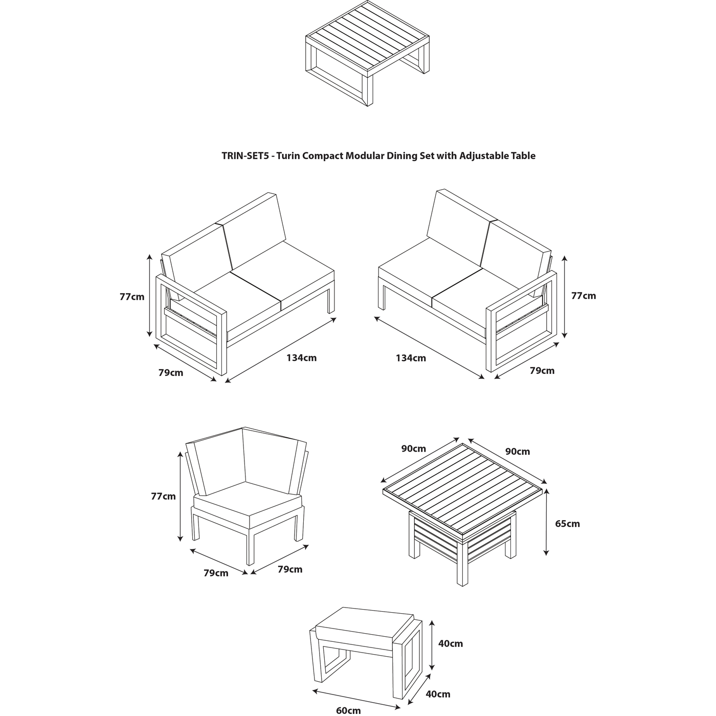 Turin Compact Modular Dining Set with Adjustable Table