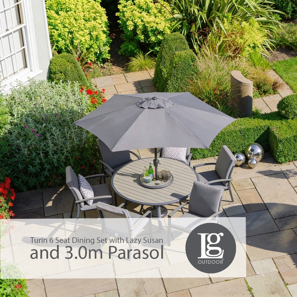 Turin 6 Seat Dining Set with Lazy Susan and 3.0m Parasol