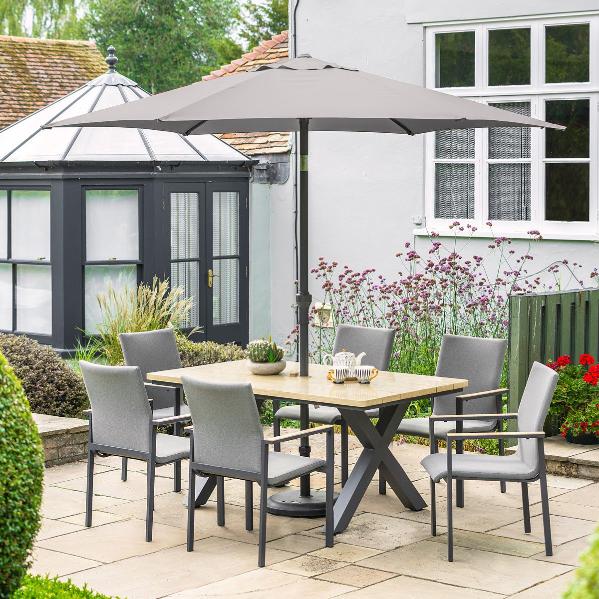 Venice 6 Seat Dining Set With Stacking Armchair And 3.0m Deluxe Parasol