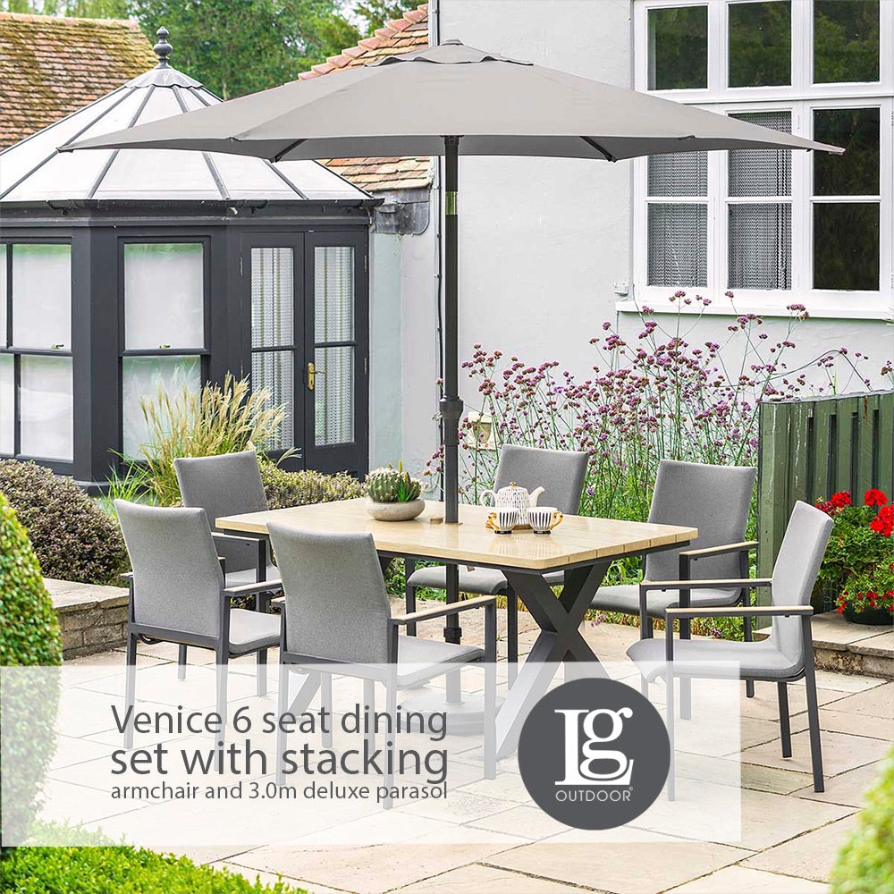 Venice 6 Seat Dining Set With Stacking Armchair And 3.0m Deluxe Parasol