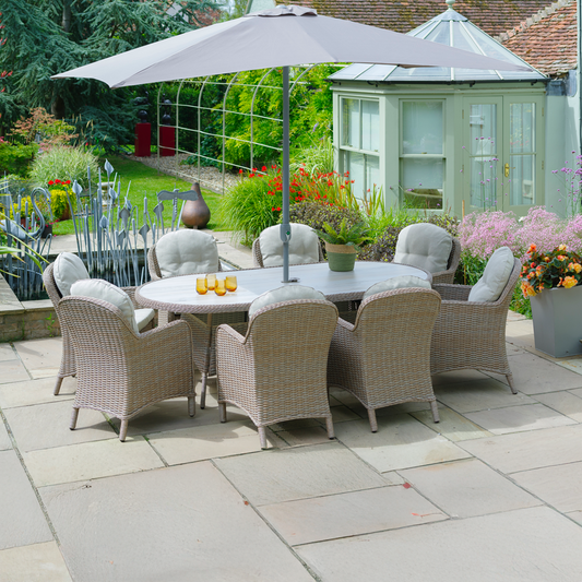 Bergen 8 Seat Oval Dining Set with Weave Lazy Susan and Deluxe 2.0 x 3.0m Parasol