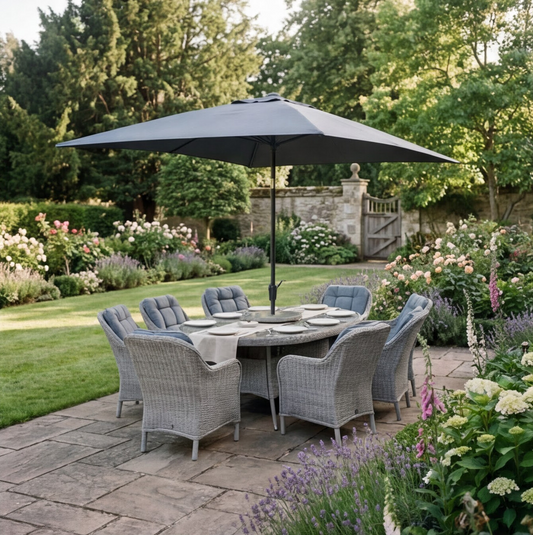Oslo 8 Seat Dining Set with Weave Lazy Susan and Deluxe 2.0 x 3.0m Parasol