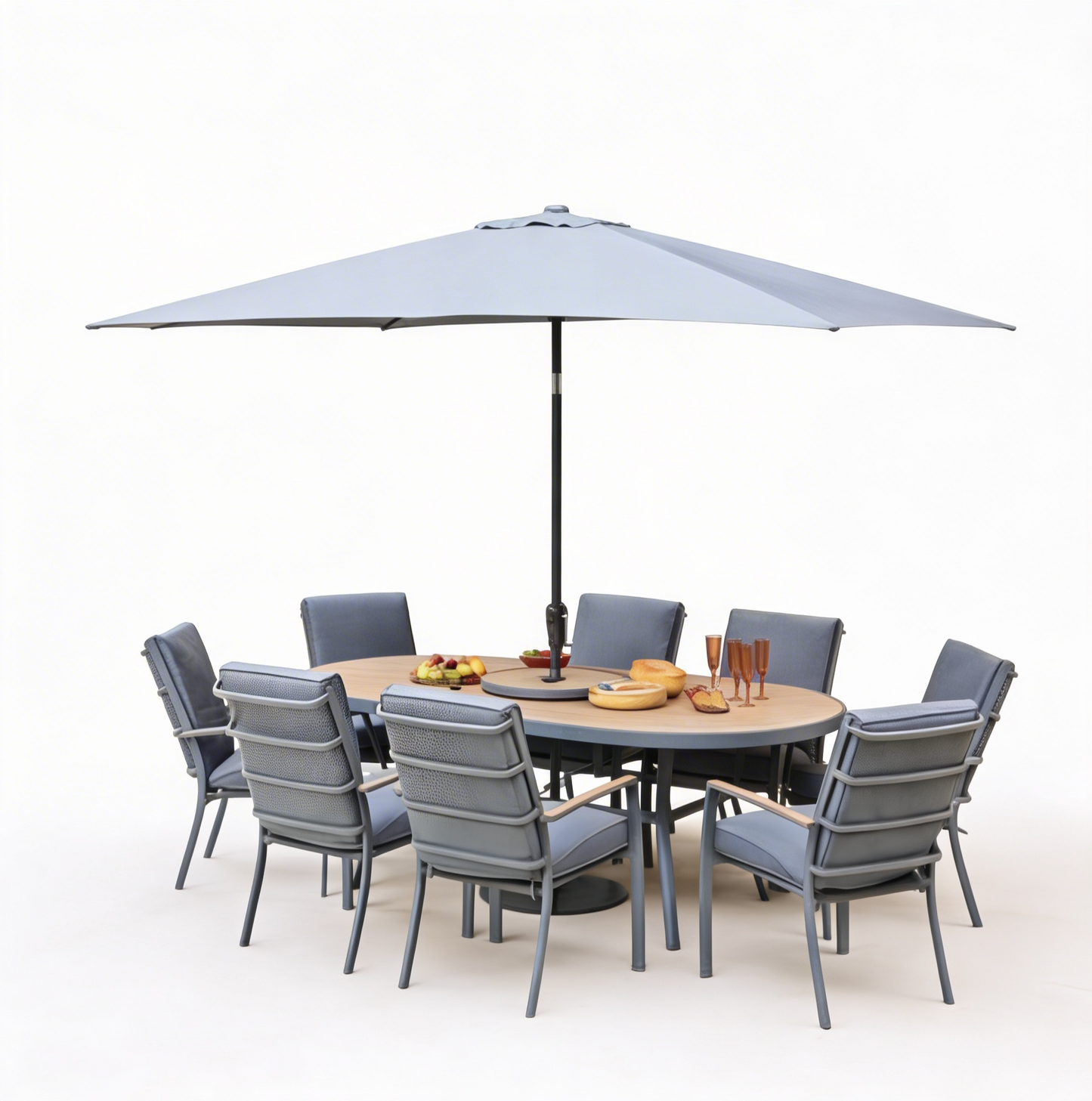 Monza 8 Seat Set with Lazy Susan, Highback Armchairs and 2.0 x 3.0m Parasol